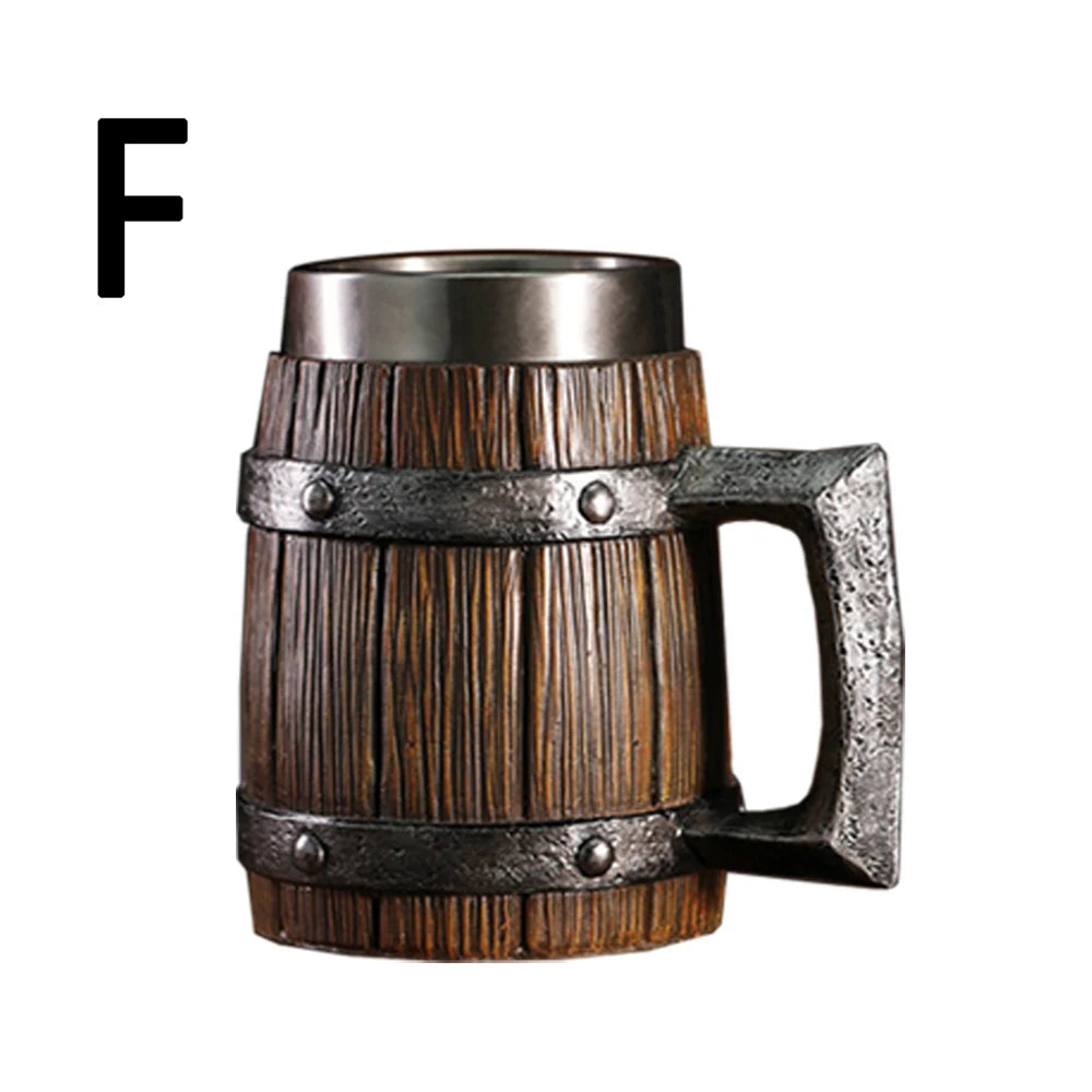 Wooden Barrel Beer Cup Stainless Steel Coffee Mug Viking Style Vintage Beer Mug Double Wall Drinking Cup Halloween Bar Drinkware Peaceful Pleasures Health and Wellness F 600ml
