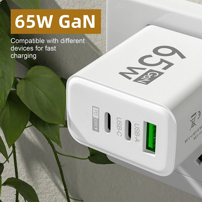 67W GaN Fast Charger USB-C PD 3.0 QC 4.0 Multi-Port Wall Adapter