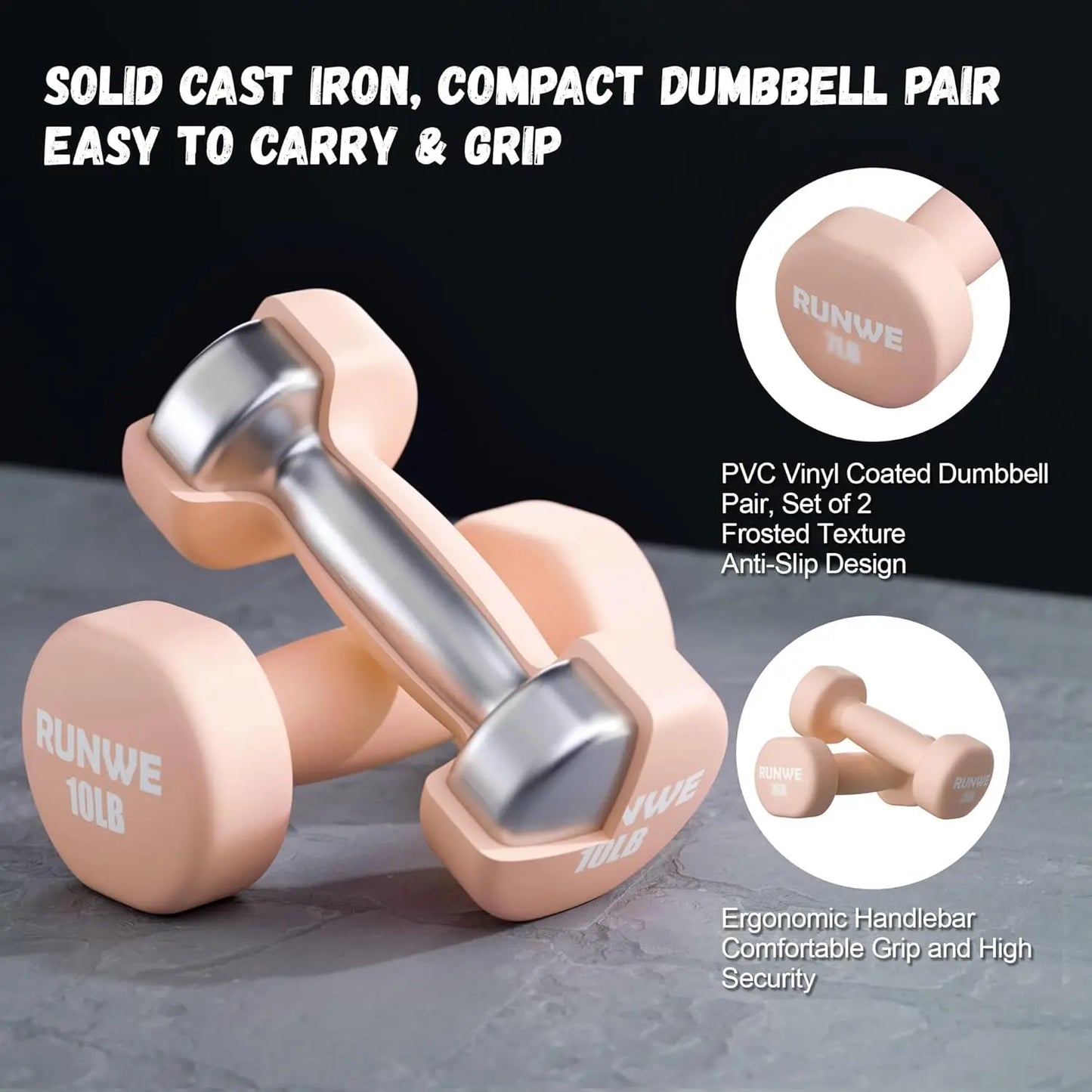 Pair of pink dumbbells with metallic handles on a dark background, featuring text about material and design.