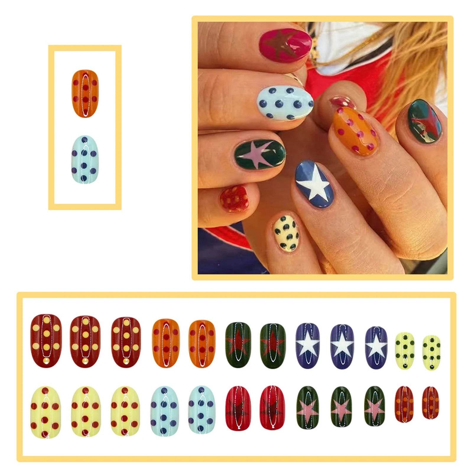 24pcs Colorful Star Dot Reusable Artificial Fingernails Wearable Short Oval Press On Nails Red White Almond False Nails Tips Peaceful Pleasures Health and Wellness