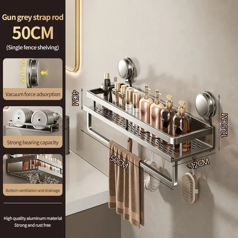 No-Drill Aluminum Suction Cup Bathroom Shelf & Towel Rack