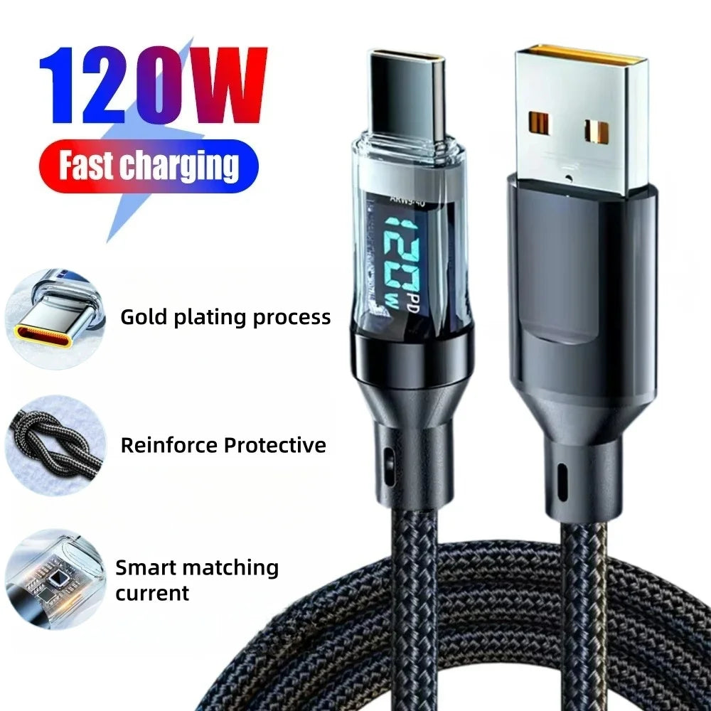 120W USB-C Fast Charging Cable with LED Display | 6A PD Nylon