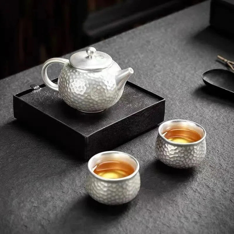 Silver-Plated Kung Fu Tea Set – Ceramic Teapot & 2 Cups Ceramic Tea Set Peaceful Pleasures Health and Wellness
