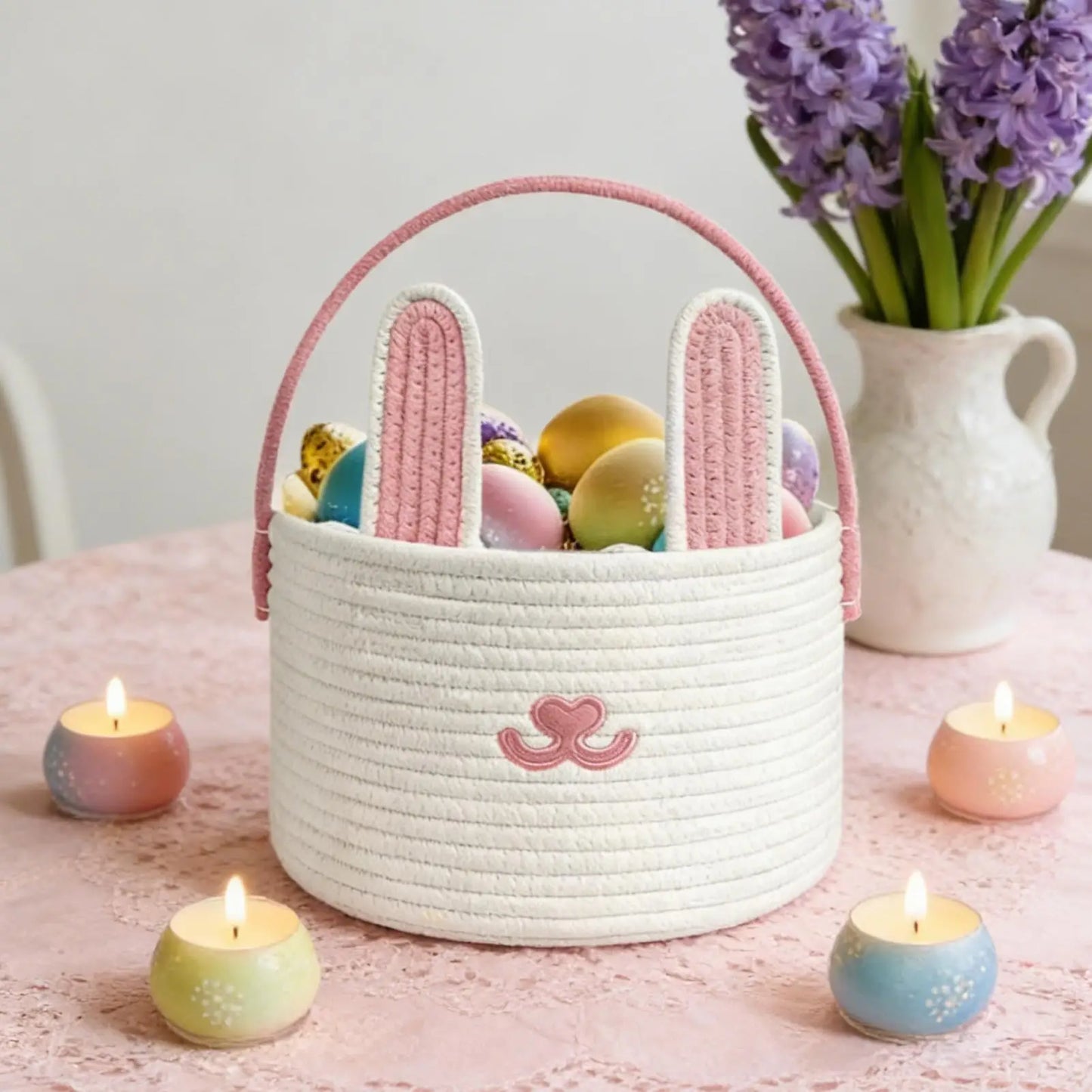 Easter Bunny Basket for Kids – Cotton Rope Egg Hunt Basket