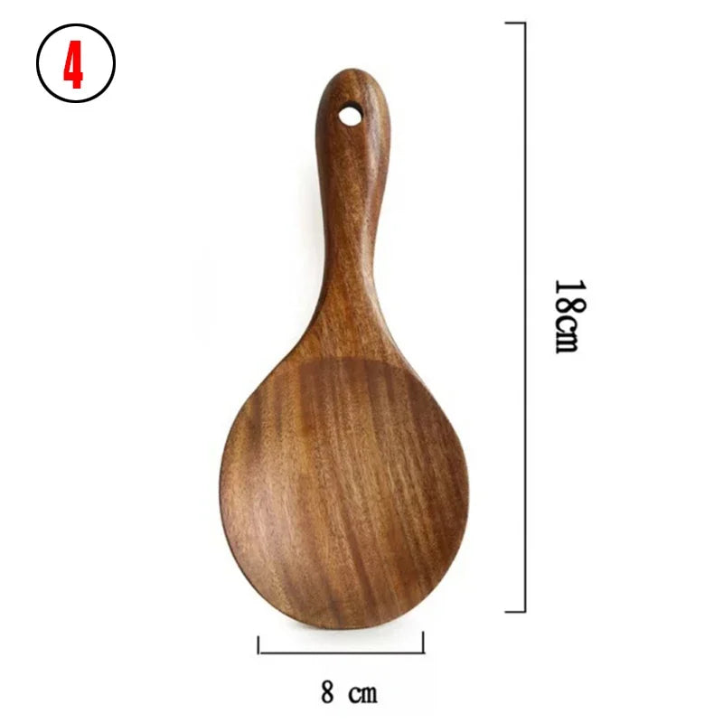 7pcs/set Teak Natural Wood Tableware Spoon Ladle Turner Rice Colander Soup Skimmer Cooking Spoon Scoop Kitchen Reusable Tool Kit Peaceful Pleasures Health and Wellness 4