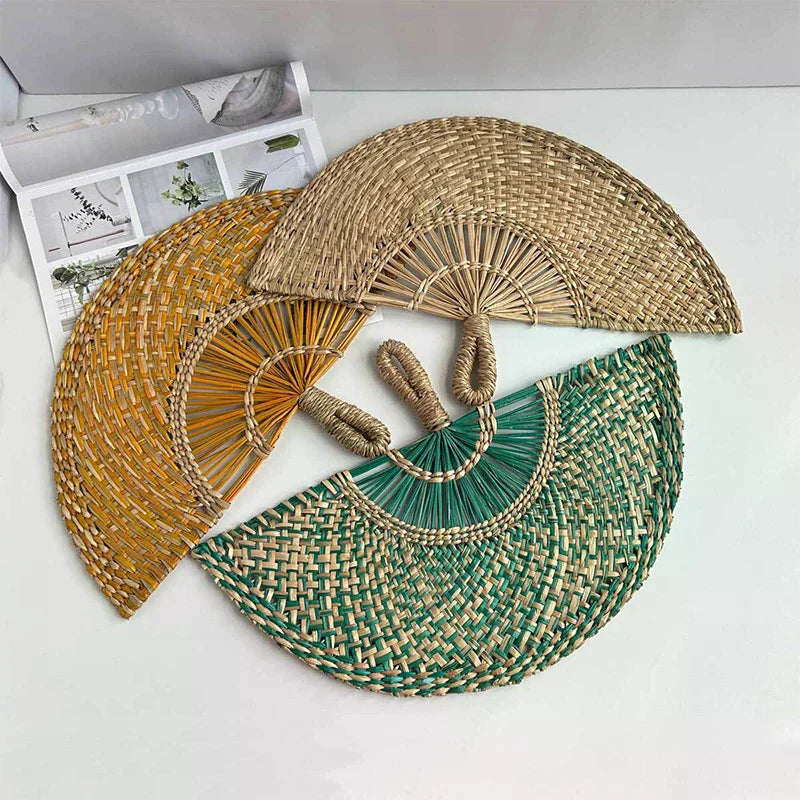 Handwoven Straw Fan – Semi-Circular Decorative Summer Fan
