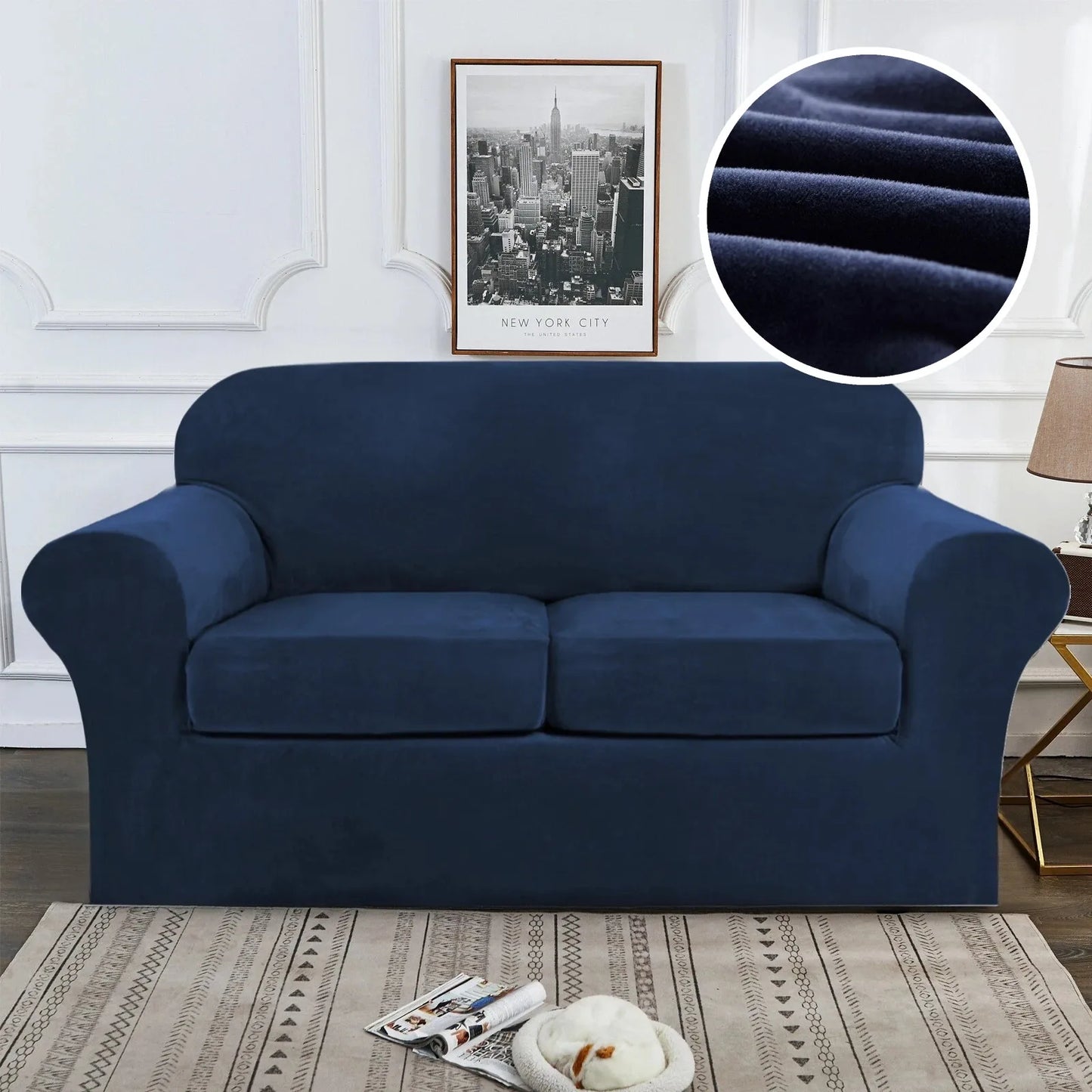 Stretch Velvet Plush Slipcover with 1/2/3/4 Seat Separate Cushion Cover Couch Velvet Sofa Covers Separate Fit Seat Cushion Cover Peaceful Pleasures Health and Wellness Navy 4-Seater Sofa Cover