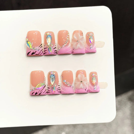 10pcs Women's Short Duckbill Artificial Nails With Pink Gradient French Y2k Handmade Press On Nails 3D Flower Rhinestone Designs Peaceful Pleasures Health and Wellness