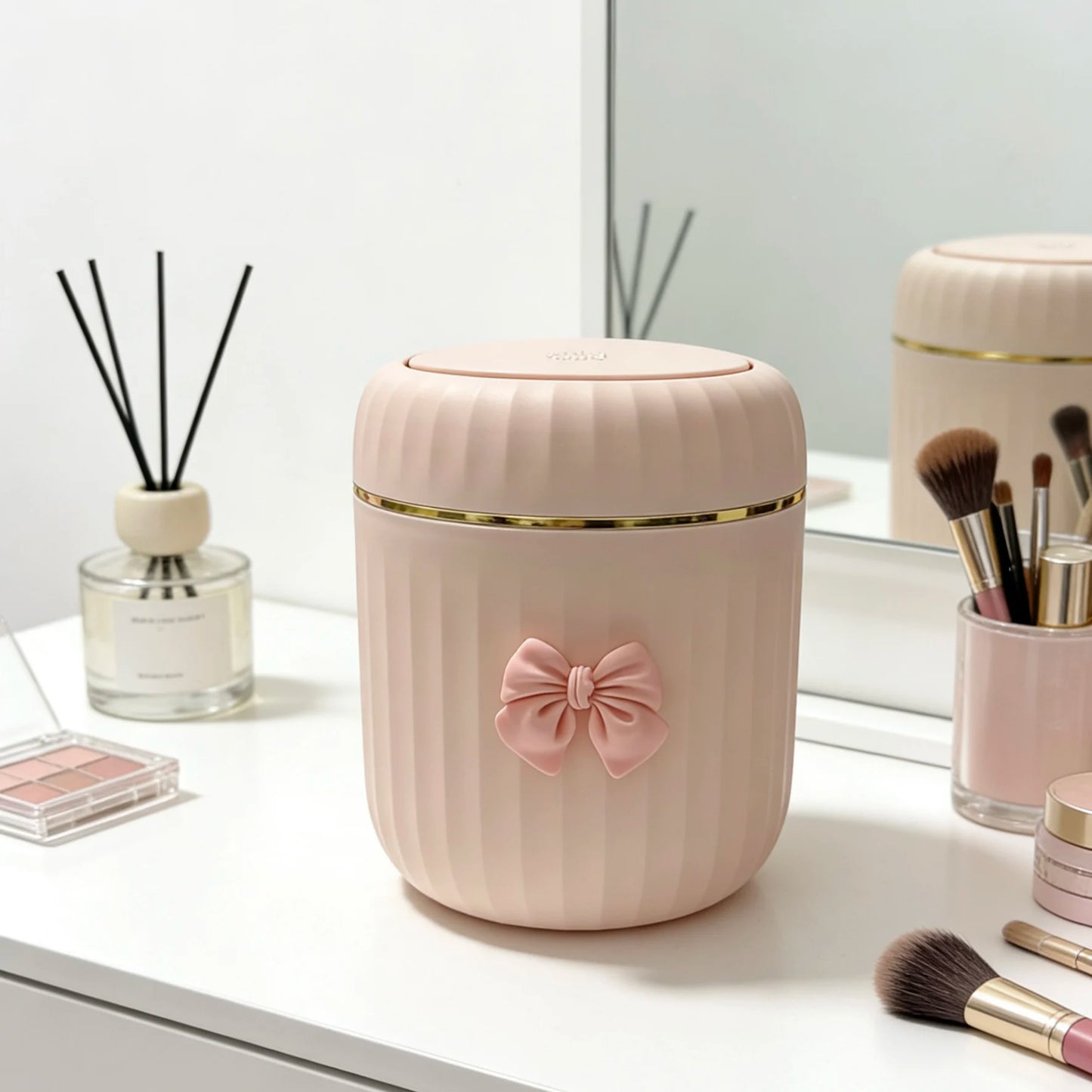 Mini Desktop Trash Can with Lid & Bow Decor | Press-Open Bin