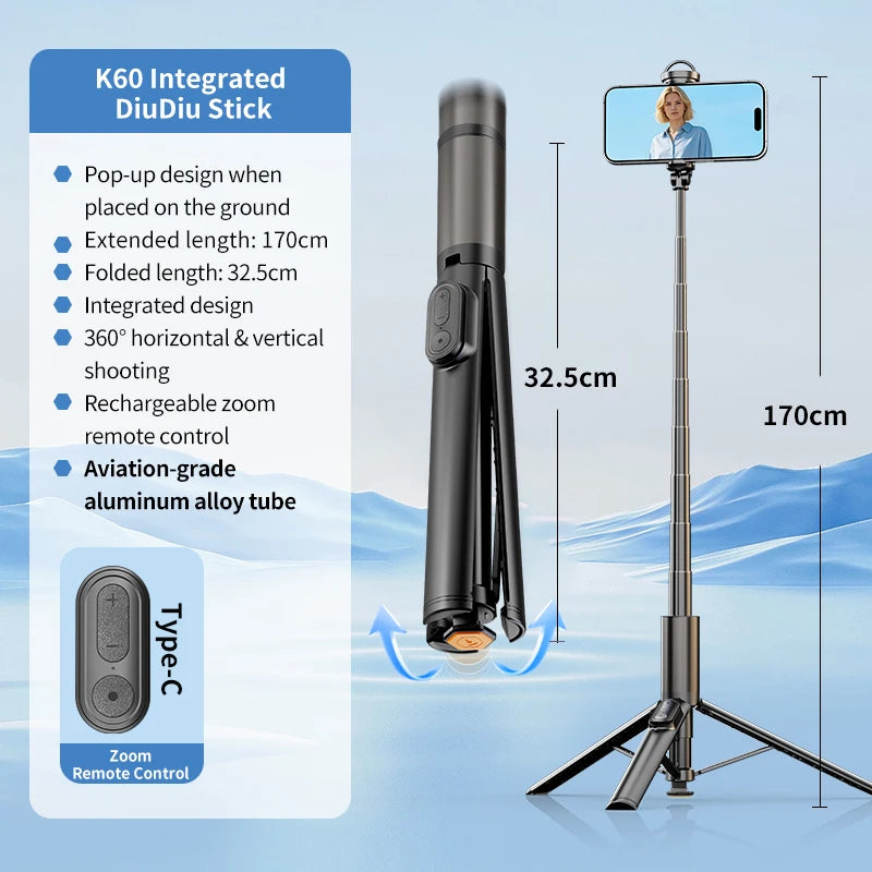 1.7M Portable Selfie Stick Tripod with Auto-Open Mechanism, Bluetooth Remote Control, Extendable Phone Holder for iPhone Android Peaceful Pleasures Health and Wellness black