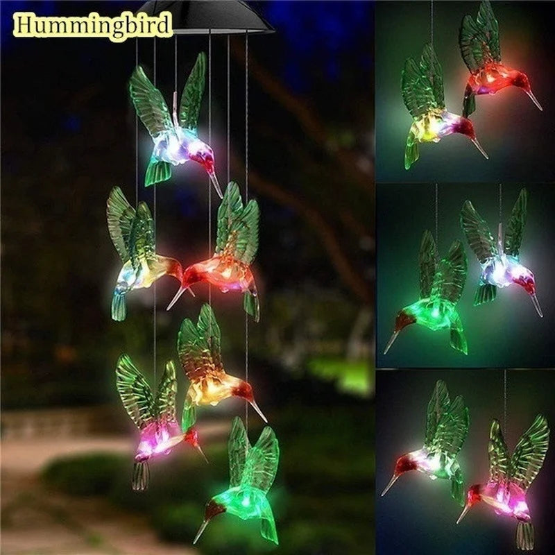 LED Solar Wind Chime Crystal Ball Hummingbird Light Changing