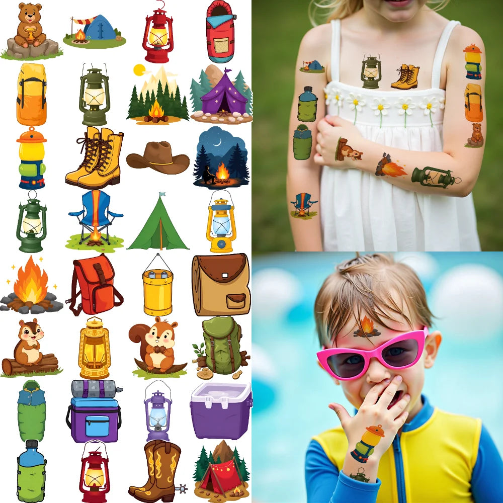 63pcs Camping Temporary Tattoo Stickers for Kids – Waterproof
