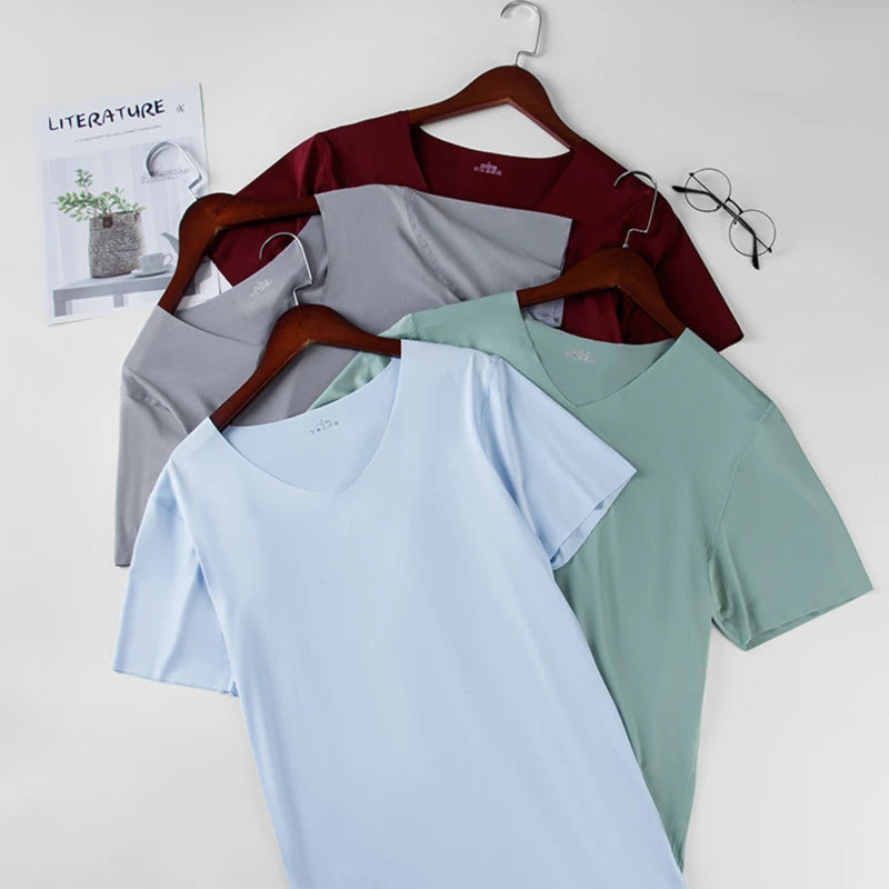 Men's Skinny Shirt Ice Silk Basic Shirts Solid Color Breathable Seamless T-shirt Men Thin Slim Bottoming V-Neck Shirt For Male Peaceful Pleasures Health and Wellness