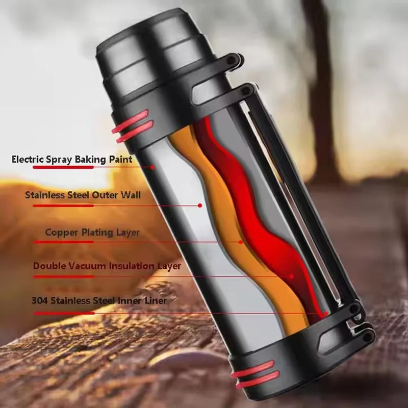 Outdoor travel, camping - stainless steel vacuum insulated bottle - large capacity thermos flask - keeps warm or cold Peaceful Pleasures Health and Wellness