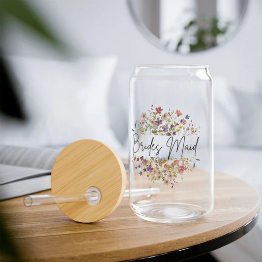Bridesmaid Wildflower Glass Tumbler | Wooden Lid & Straw Gift Glass Tumbler Gift Peaceful Pleasures Health and Wellness