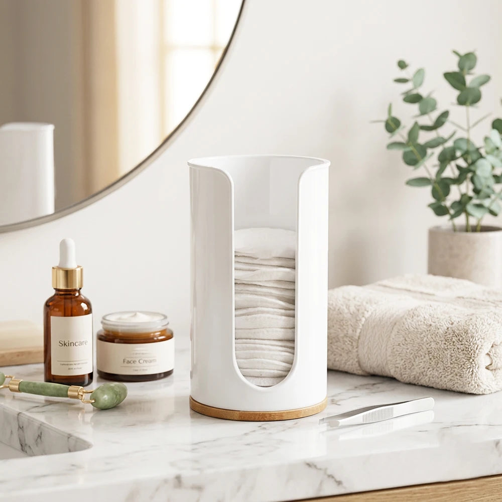 Bathroom Cup Dispenser & Cotton Pad Holder – 1 or 2 Pack Round PS Plastic Guest Bathroom Organizer