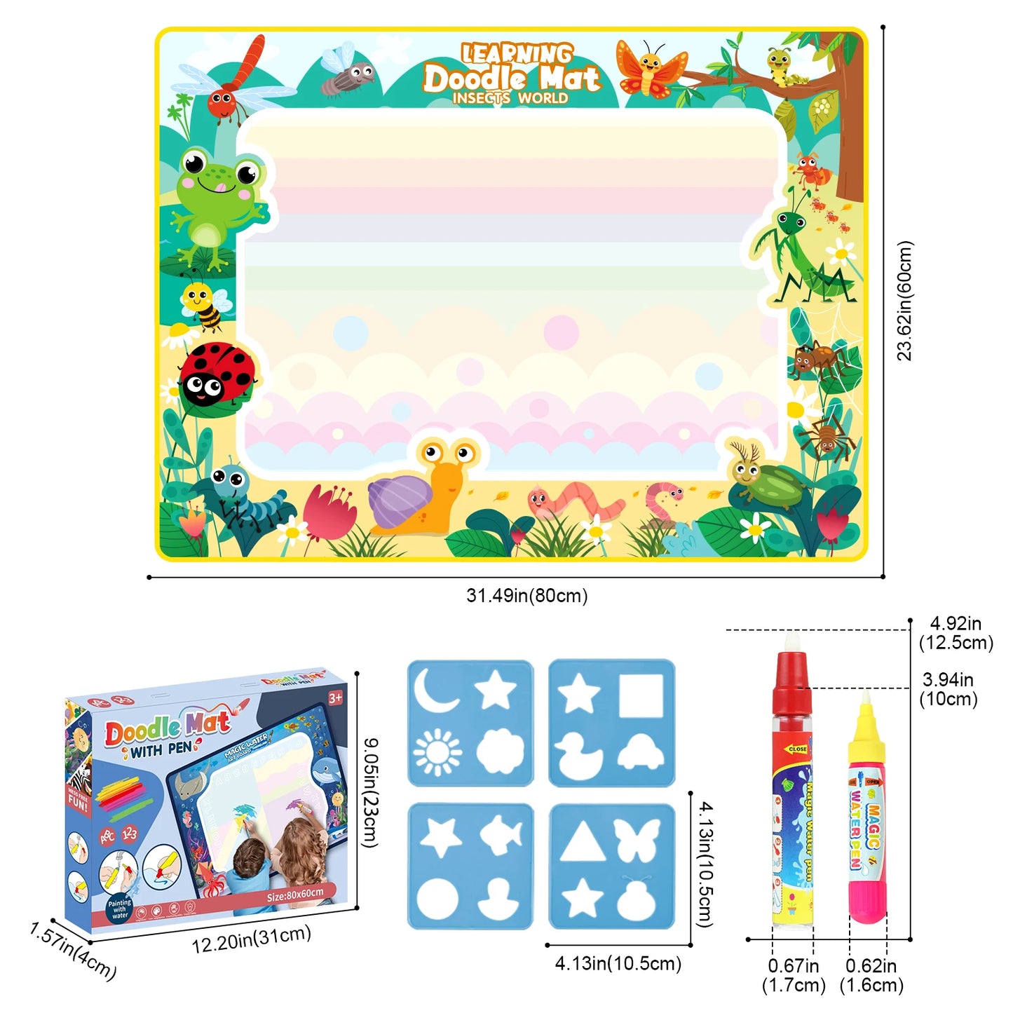 80x60CM Kids Coloring Doodle Magic Water Drawing Mat Reusable Pens