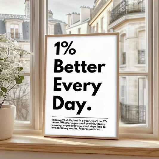 "1% Better Every Day" Motivational Canvas Wall Art Print Motivational Canvas Print Peaceful Pleasures Health and Wellness G4203 21x30cm Black Framed