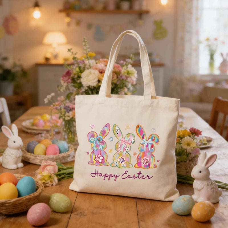 Colorful Easter Bunny Canvas Tote Bag | Reusable Gift Bag Canvas Tote Bag Peaceful Pleasures Health and Wellness