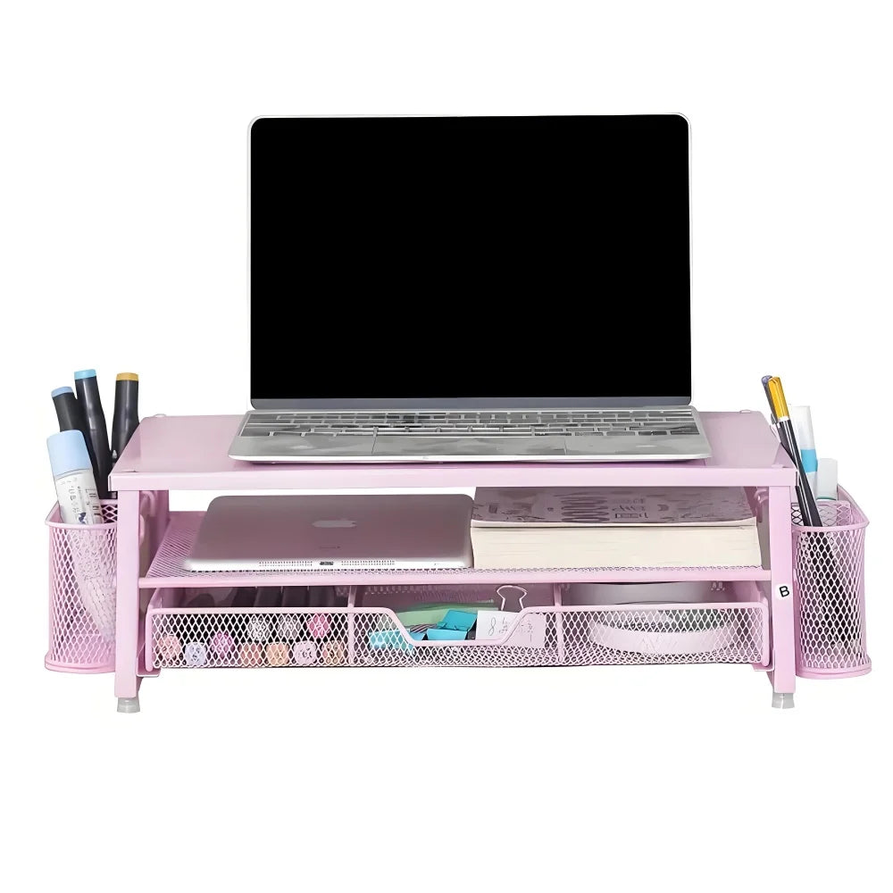 2-Tier Desk Organizers and Accessories, Pink & Black Computer Monitor Stand with Drawer, Pen Storage & Tablet Phone Holder Peaceful Pleasures Health and Wellness