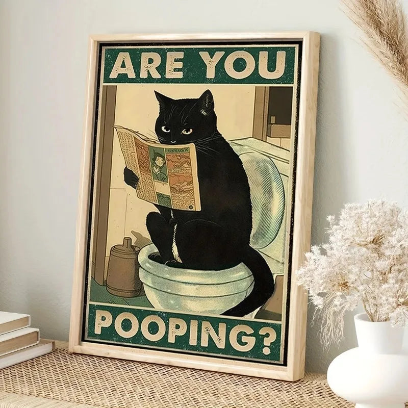 Funny Black Cat Toilet Retro Canvas Poster | Bathroom Wall Art Canvas Wall Poster Peaceful Pleasures Health and Wellness
