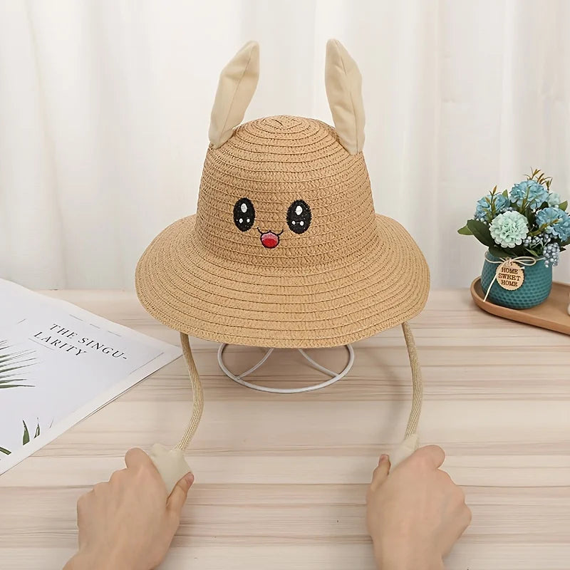 Kids Bunny Rabbit Straw Hat | Moving Ears Wide Brim Sun Hat