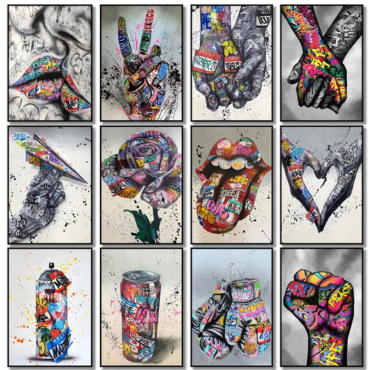 Street Graffiti Gestures Canvas Wall Art | Abstract Pop Mural Canvas Wall Art Peaceful Pleasures Health and Wellness