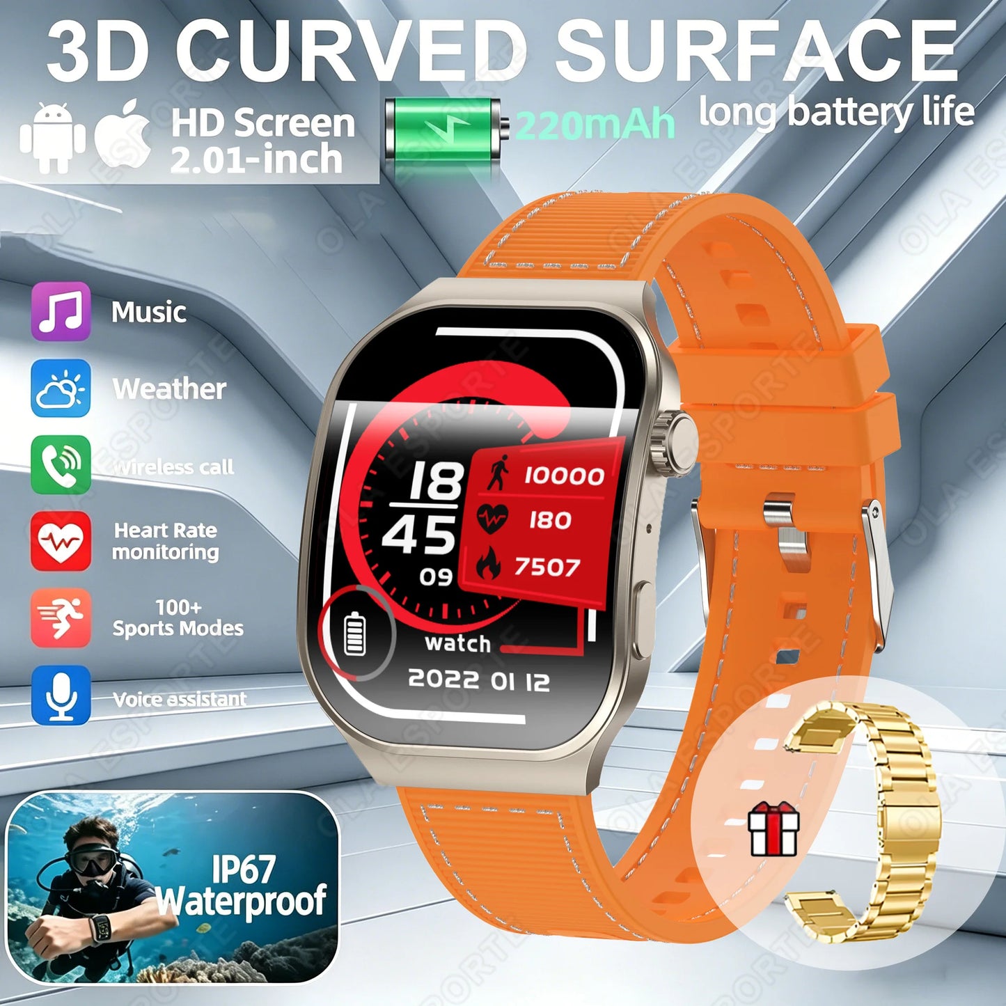 Ola Esporte Bluetooth Smart Watch Men 2.01" HD | Android iOS