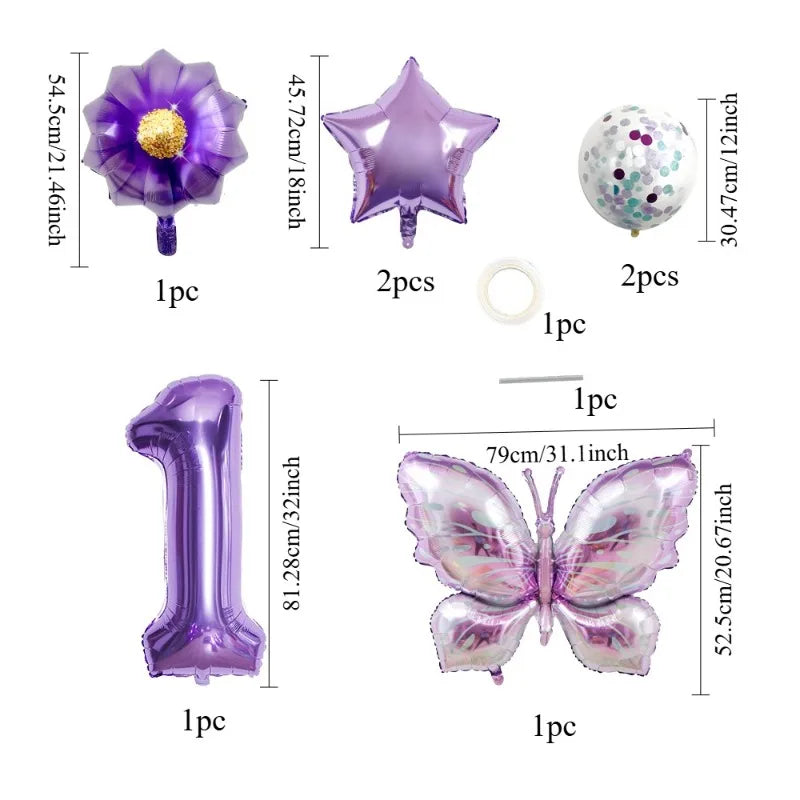 Purple Butterfly Flower 32 Inch Digital Aluminum Film Balloon Set for Children's Birthday Party Decoration Scene Arrangement Peaceful Pleasures Health and Wellness