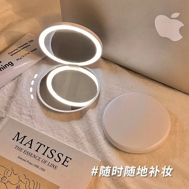 New Makeup Mirror Portable Portable Small Mirror with Light LED Touch Up Mirror Pocket Handheld Illuminated Folding Round Mirror Peaceful Pleasures Health and Wellness