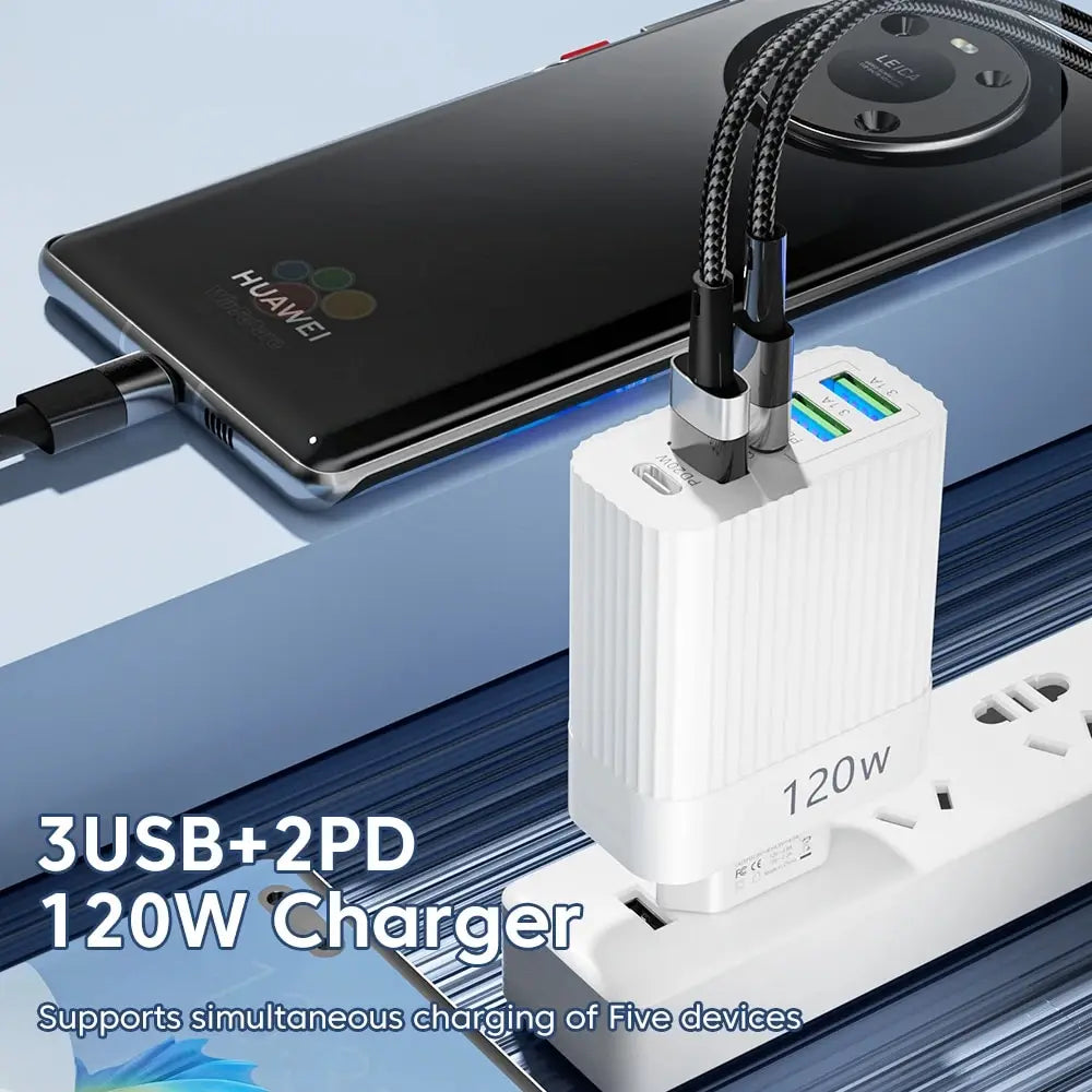 5-Port 120W USB-C PD Wall Charger – Fast Charge iPhone & Android