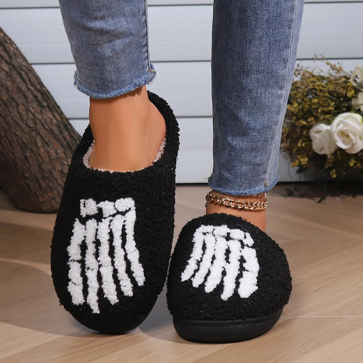 Women's Halloween Skull Plush Indoor Slippers – Warm Non-Slip