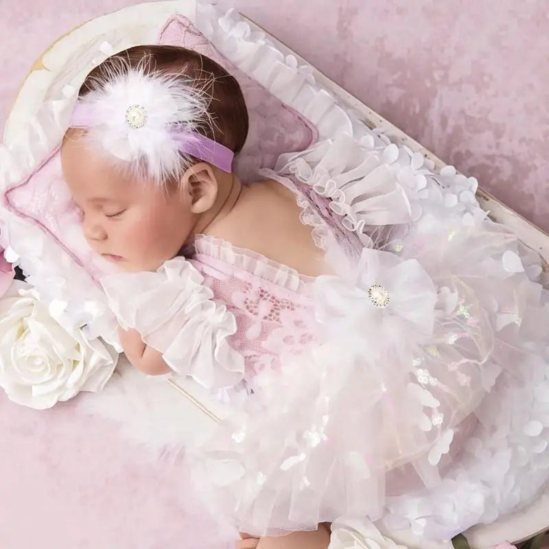 Newborn Lace Romper Photo Prop Set – Baby Girl 0–6M Portrait