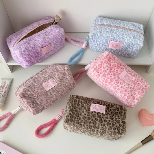 Plush Leopard Print Makeup Bag Student Portable Stationery Pencil Peaceful Pleasures Health and Wellness