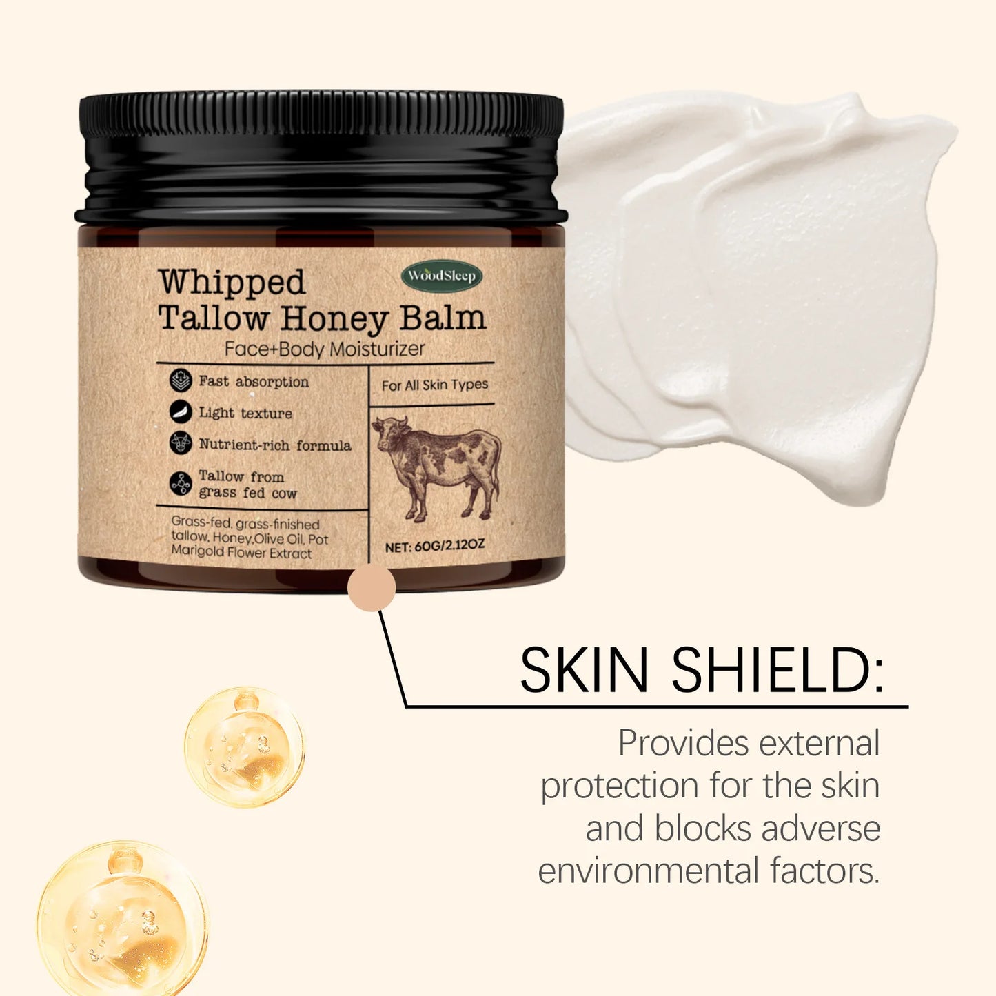 WoodSleep Beef Tallow Paste Deeply Moisturizer Brightening Wrinkle Remover Grass Fed Tallow Wild Honey Face Body Cream Skin Car Peaceful Pleasures Health and Wellness