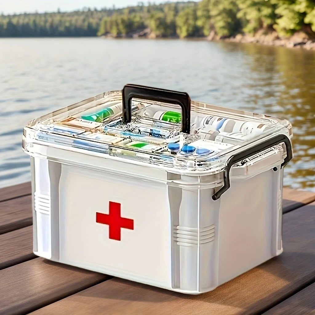 Clear Medicine Organizer Box with Tray & Labels | Storage Chest
