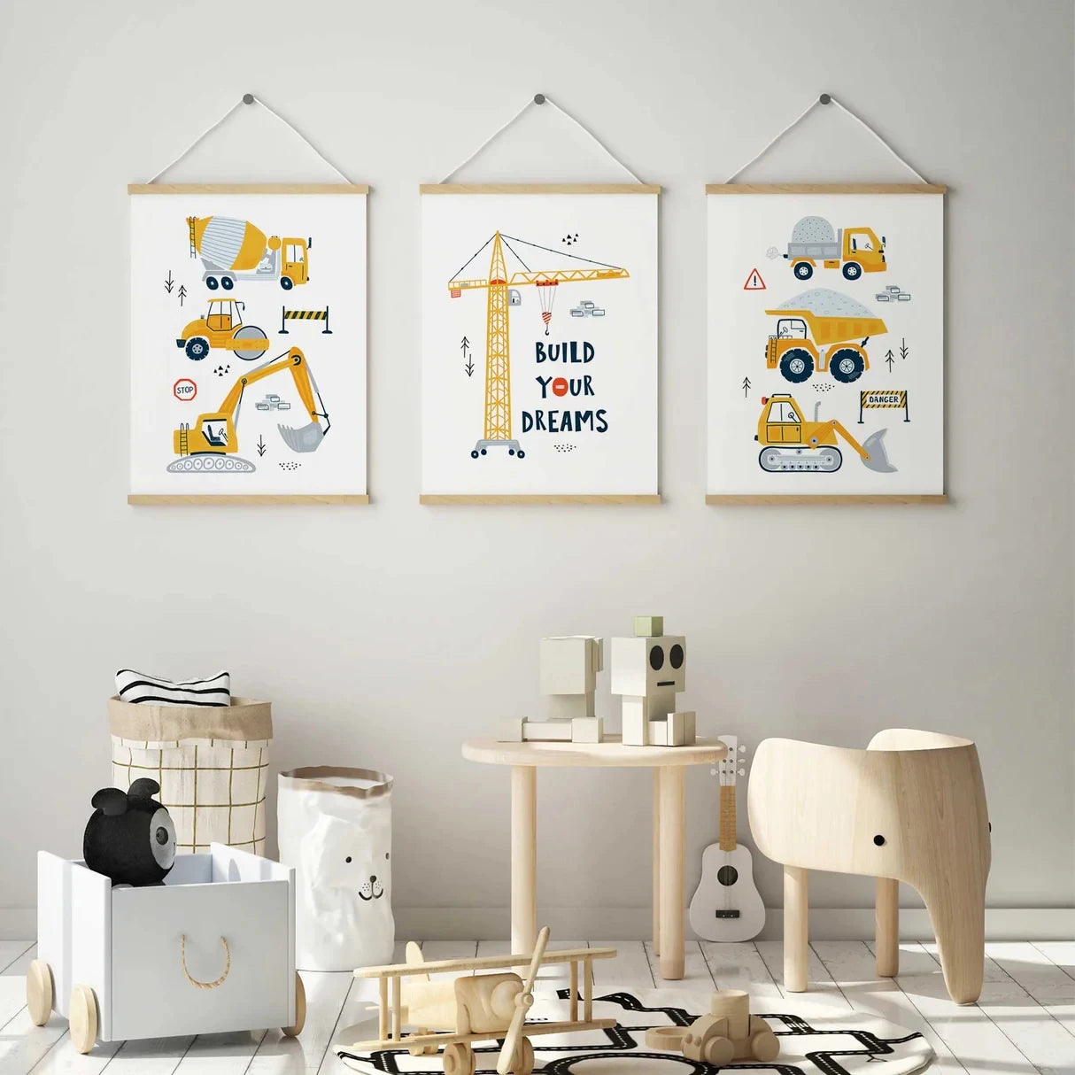 3-Piece Construction Vehicles Canvas Wall Art | Kids Room Decor