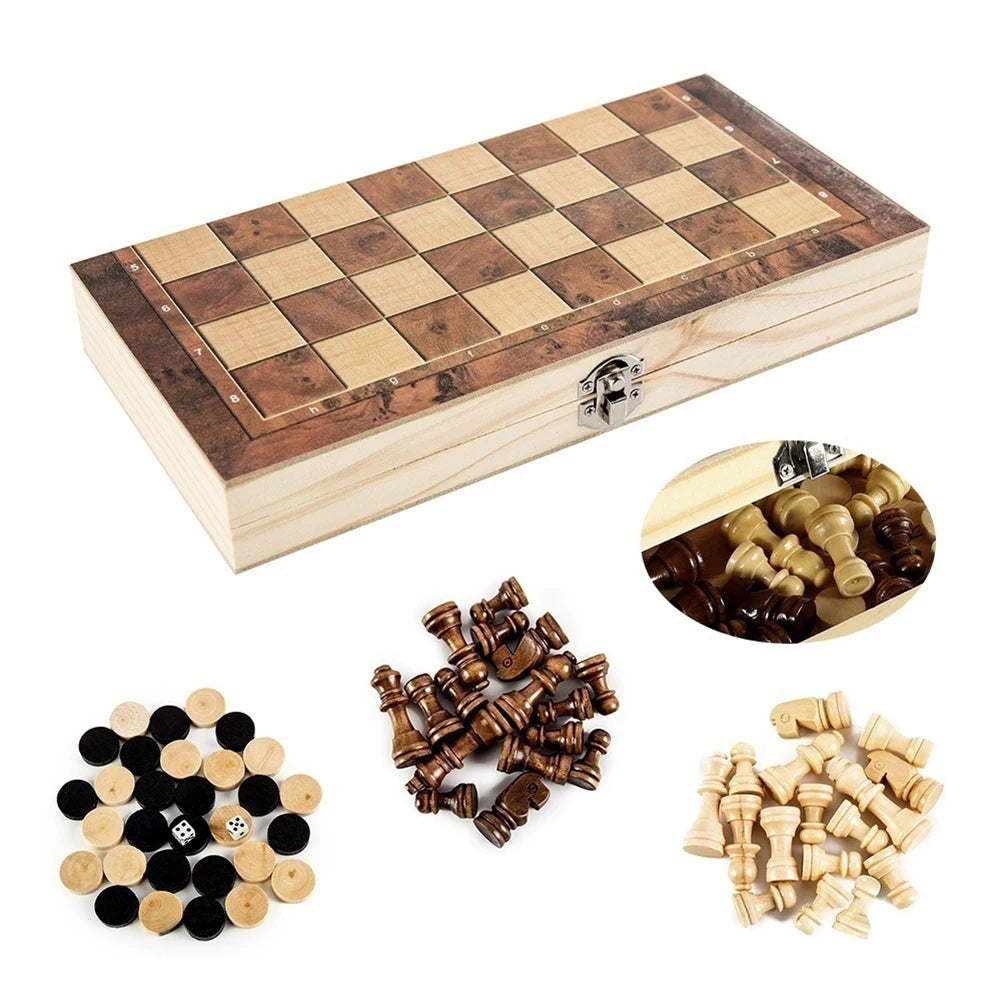 3 in 1 Chess Board Sets Folding Storage Wooden Travel Chess Sets Chess and Checkers Game Set for Chess Board Game Peaceful Pleasures Health and Wellness