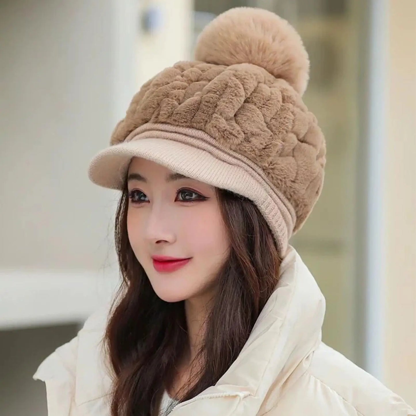 Women's Pom-Pom Fleece Beanie Hat with Brim | Winter Warm