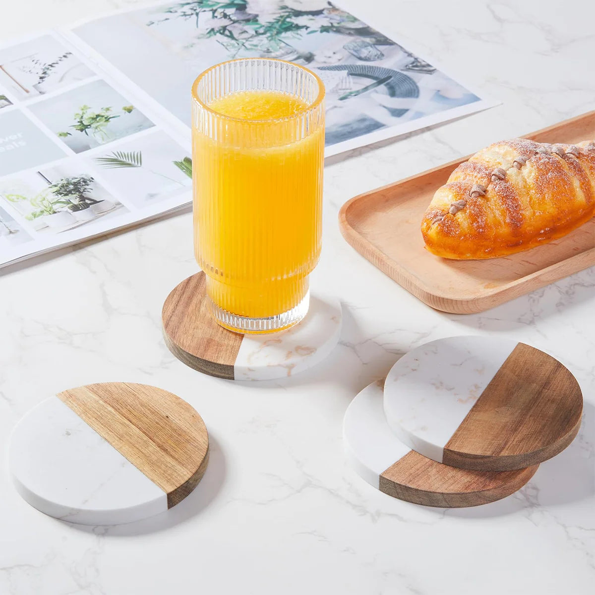 Stylish Wooden and Marble Coaster Set, Elegant Design for Coffee Tables, Durable, Perfect for Protecting Your Furniture Peaceful Pleasures Health and Wellness