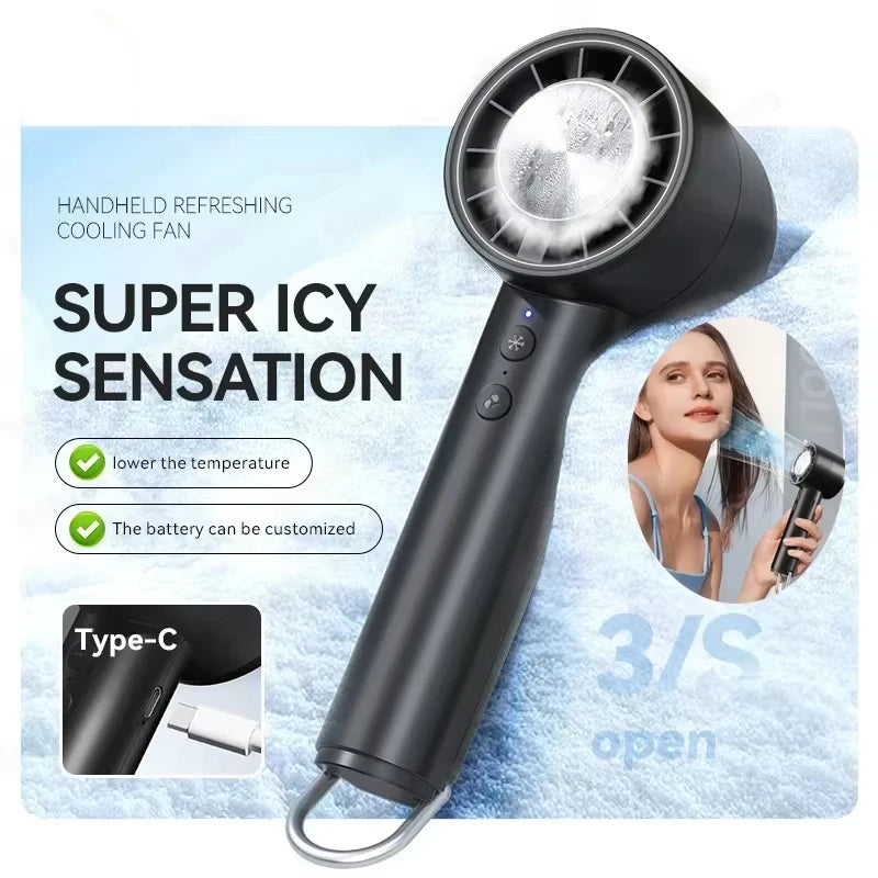 Handheld Mini Ice Fan Refrigeration Air Conditioner Rechargeable With LED Display 5 Speed Super Cool Turbo Fan For Travel Peaceful Pleasures Health and Wellness