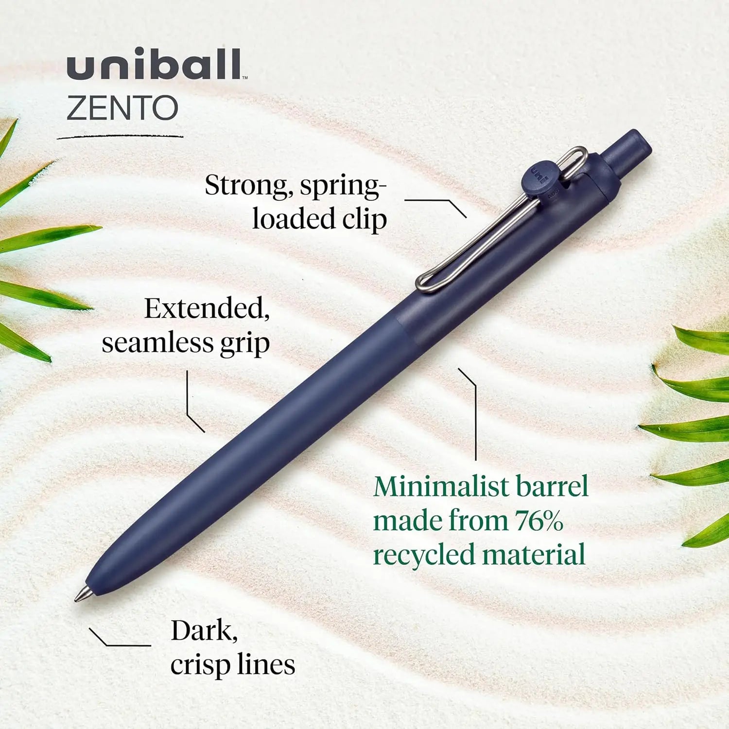 Uniball Zento pen with features highlighted on a light background