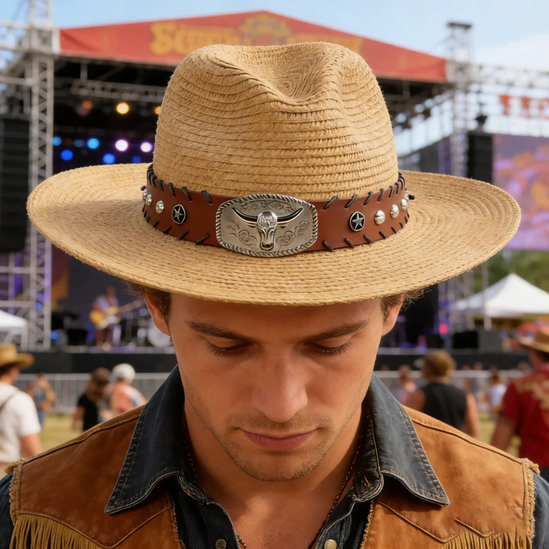 Straw Western Cowboy Hat Bull Skull Buckle Leather Band Wide Brim