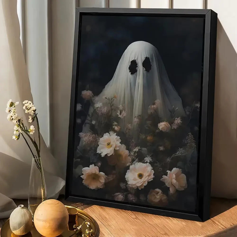Retro Cute Ghost Companion & Reads Book Canvas Prints Monster Holds Black Cat Wall Art Poster for Living Room Halloween Decor Peaceful Pleasures Health and Wellness ZLH5077 40x50cm No Frame