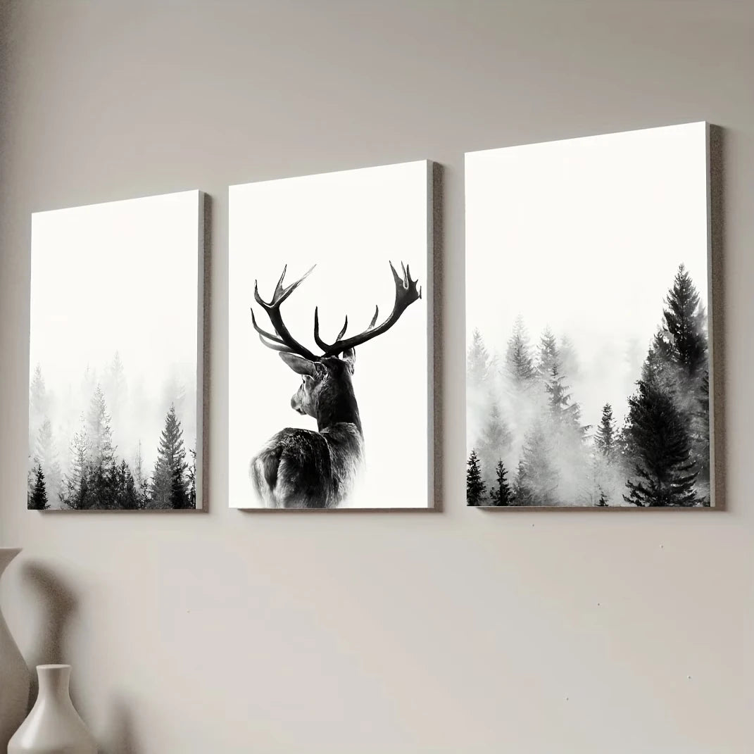 3-Piece Minimalist Deer & Nature Canvas Wall Art Set