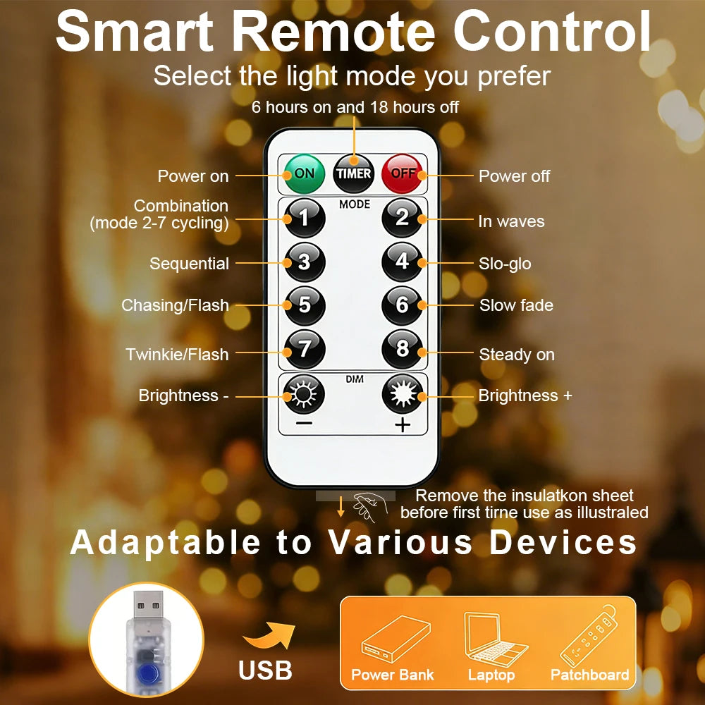 USB Copper Wire LED String Lights | 8 Modes, Remote & Timer