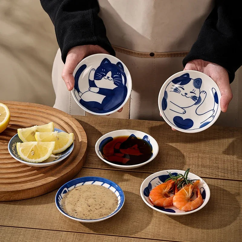 Japanese Style Cat Dish Cartoon Ceramic Dish Household Dining Table Dipping Dish Soy Sauce Dish Small Dish Seasoning Dish Peaceful Pleasures Health and Wellness
