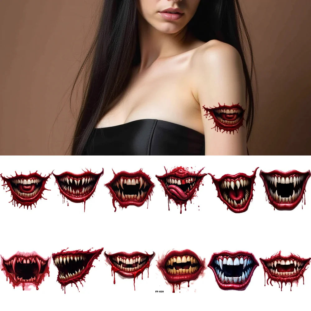 12-Pack Halloween Vampire Mouth Temporary Tattoos | 3D Waterproof
