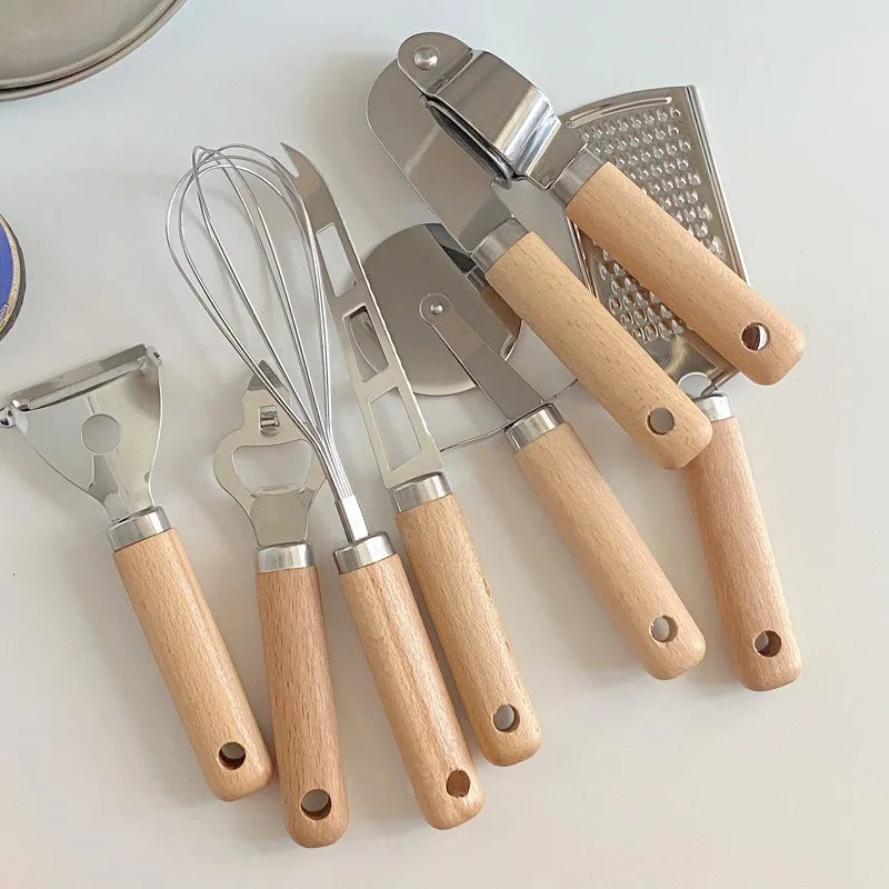 9pcs Cooking Utensils Set Wooden Handle Can Opener Baking Pizza Peeler Egg Beater Cheese Knife Ice Cream Spoon Kitchen Gadget Peaceful Pleasures Health and Wellness