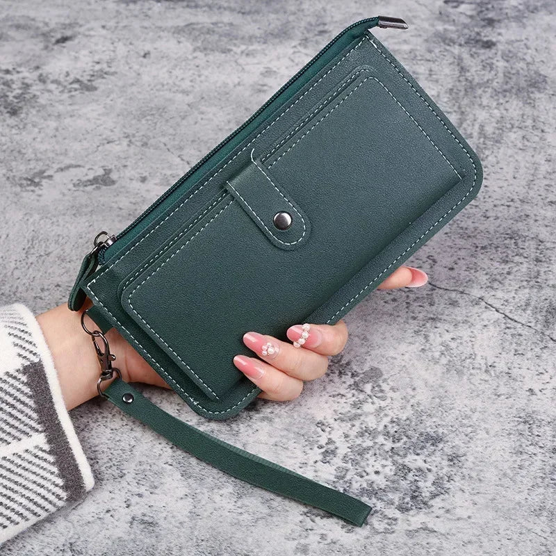 PU Leather Long Multi-card Position Clutch Buckle Zipper Studen
